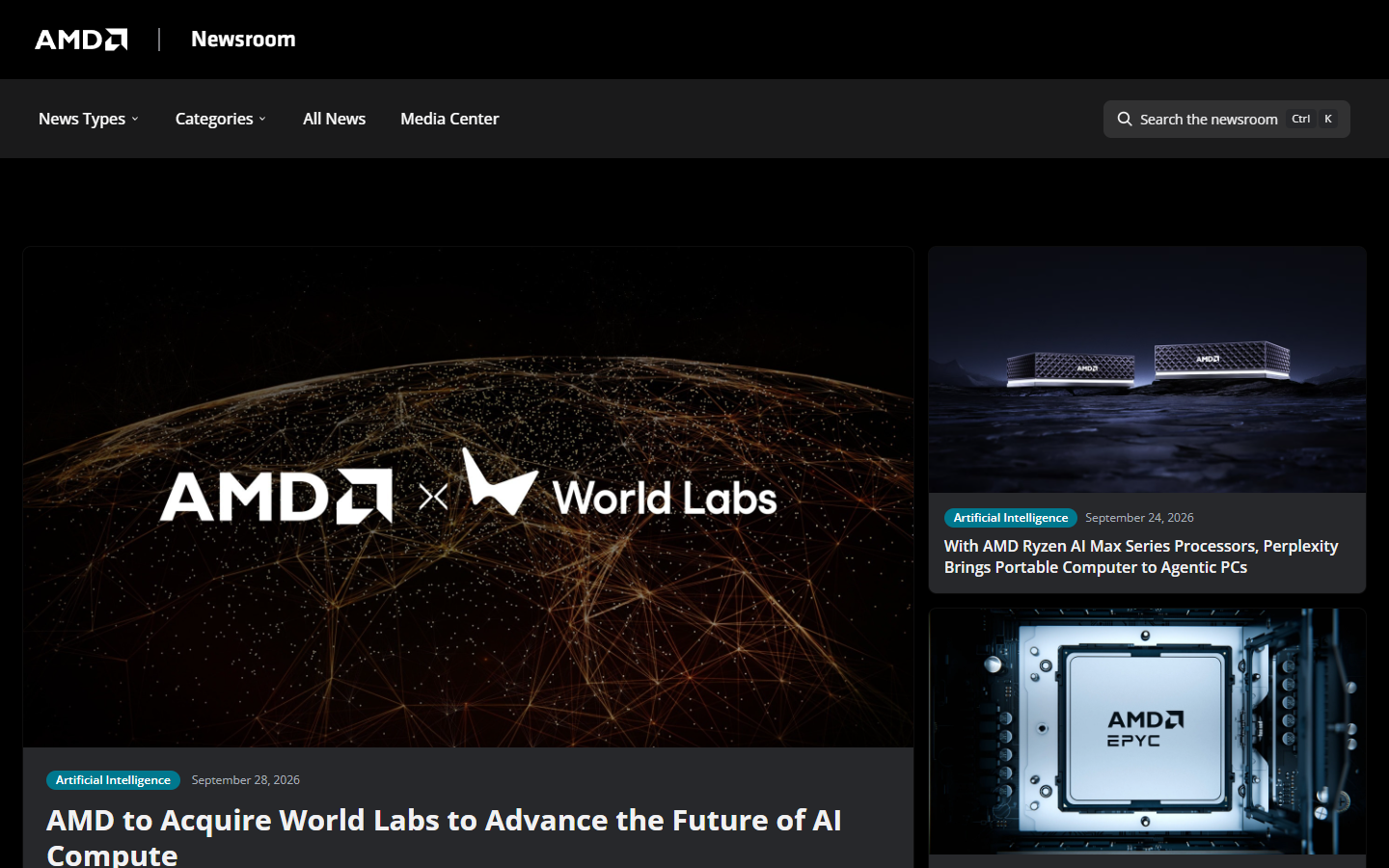 AMD 官方新闻室首页：AMD to Acquire World Labs to Advance the Future of AI Compute