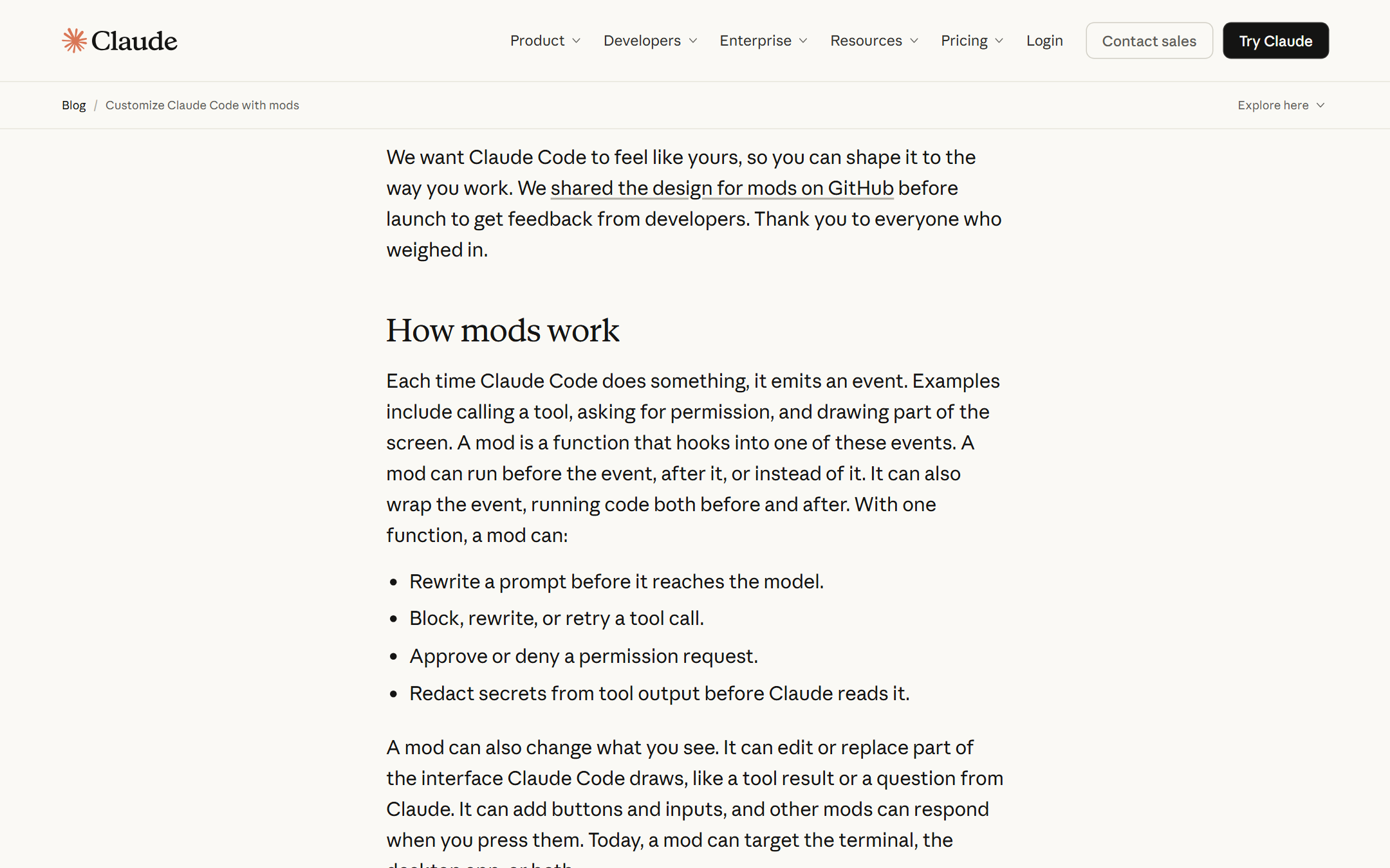 Anthropic 官方博客「How mods work」章节：Mod 能改写提示词、拦截工具调用、审批权限、清洗工具输出