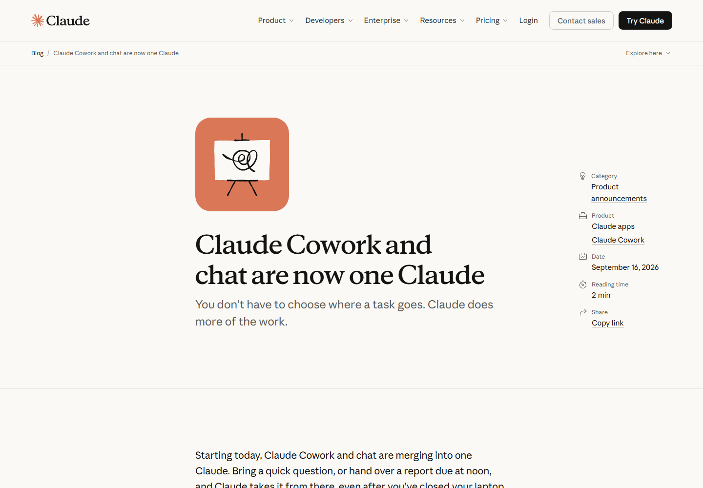 Anthropic 官方博客《Claude Cowork and chat are now one Claude》页面（截图来源：claude.com/blog，2026-09-16）