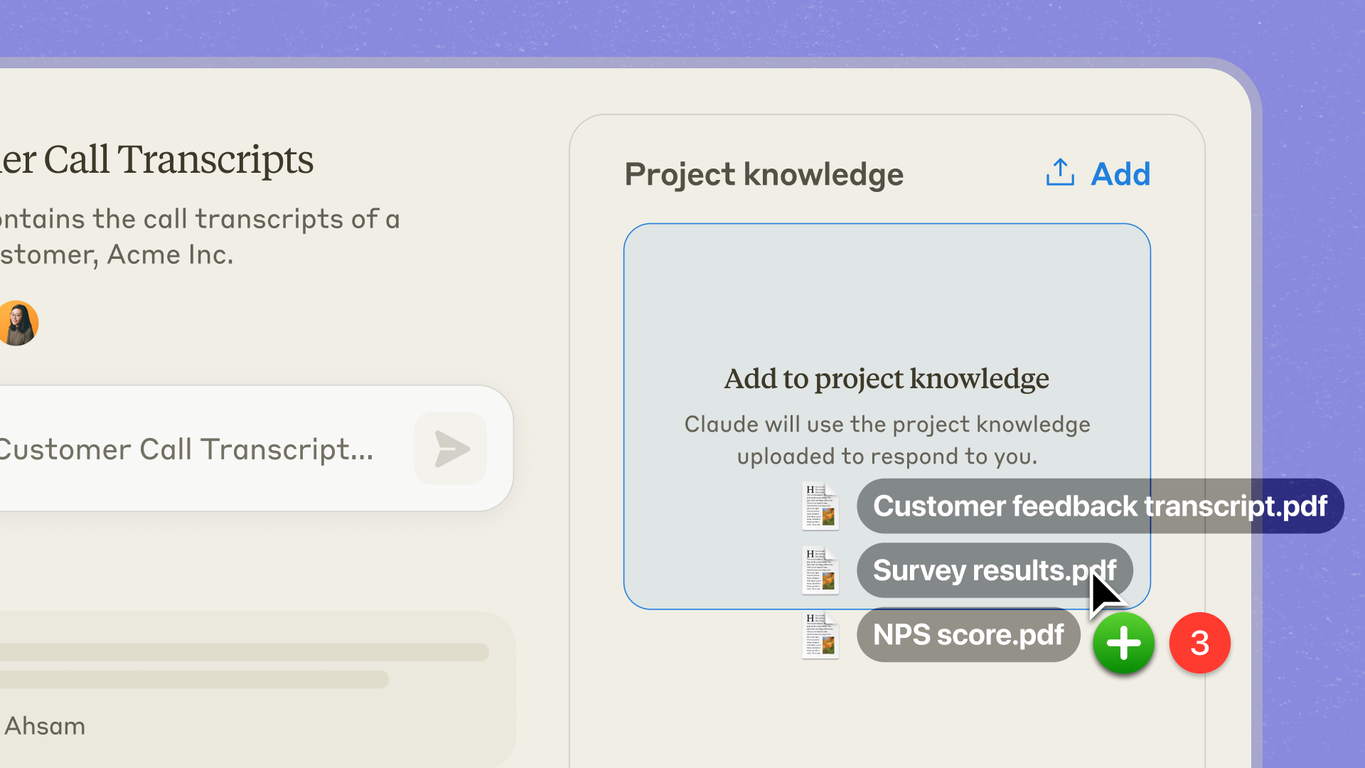 Claude Projects 的 Project knowledge 面板（官方截图）