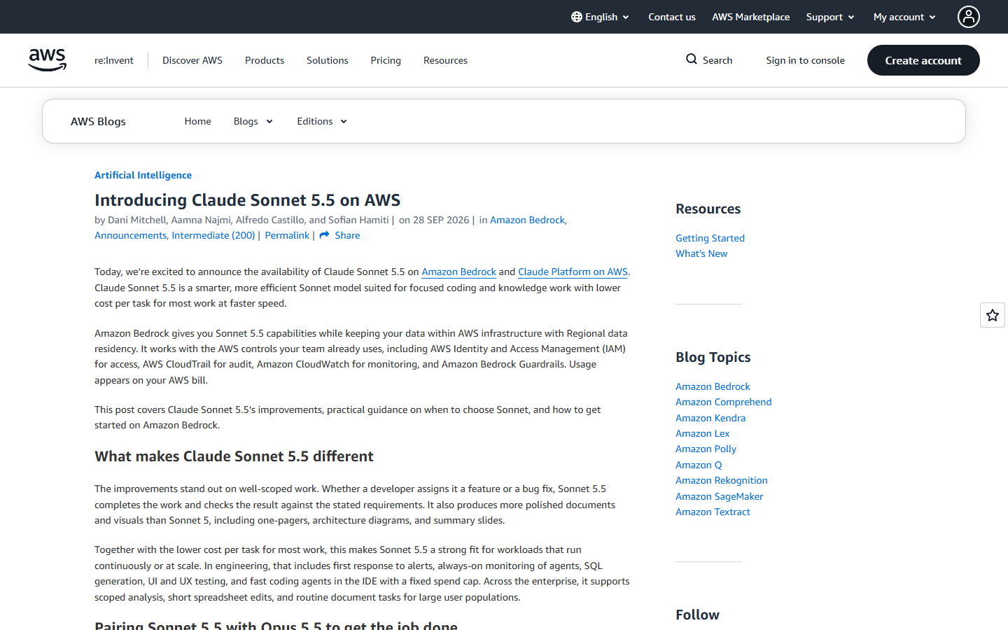 AWS 官方博客：Introducing Claude Sonnet 5.5 on AWS