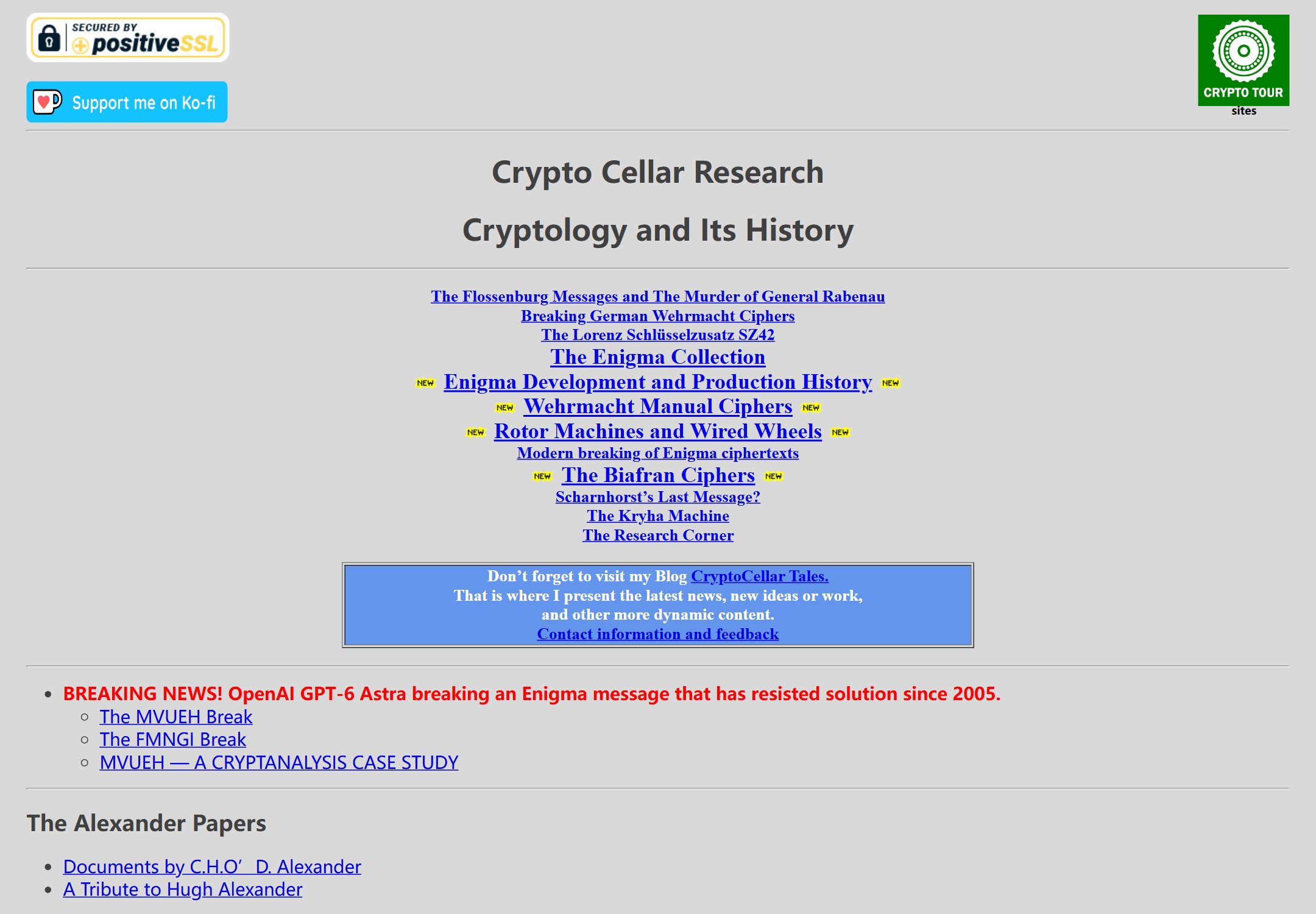 Crypto Cellar 首页的「BREAKING NEWS」条目实拍：OpenAI GPT-6 Astra 破掉一条自 2005 年起无人能解的 Enigma 消息（来源：Crypto Cellar Research）