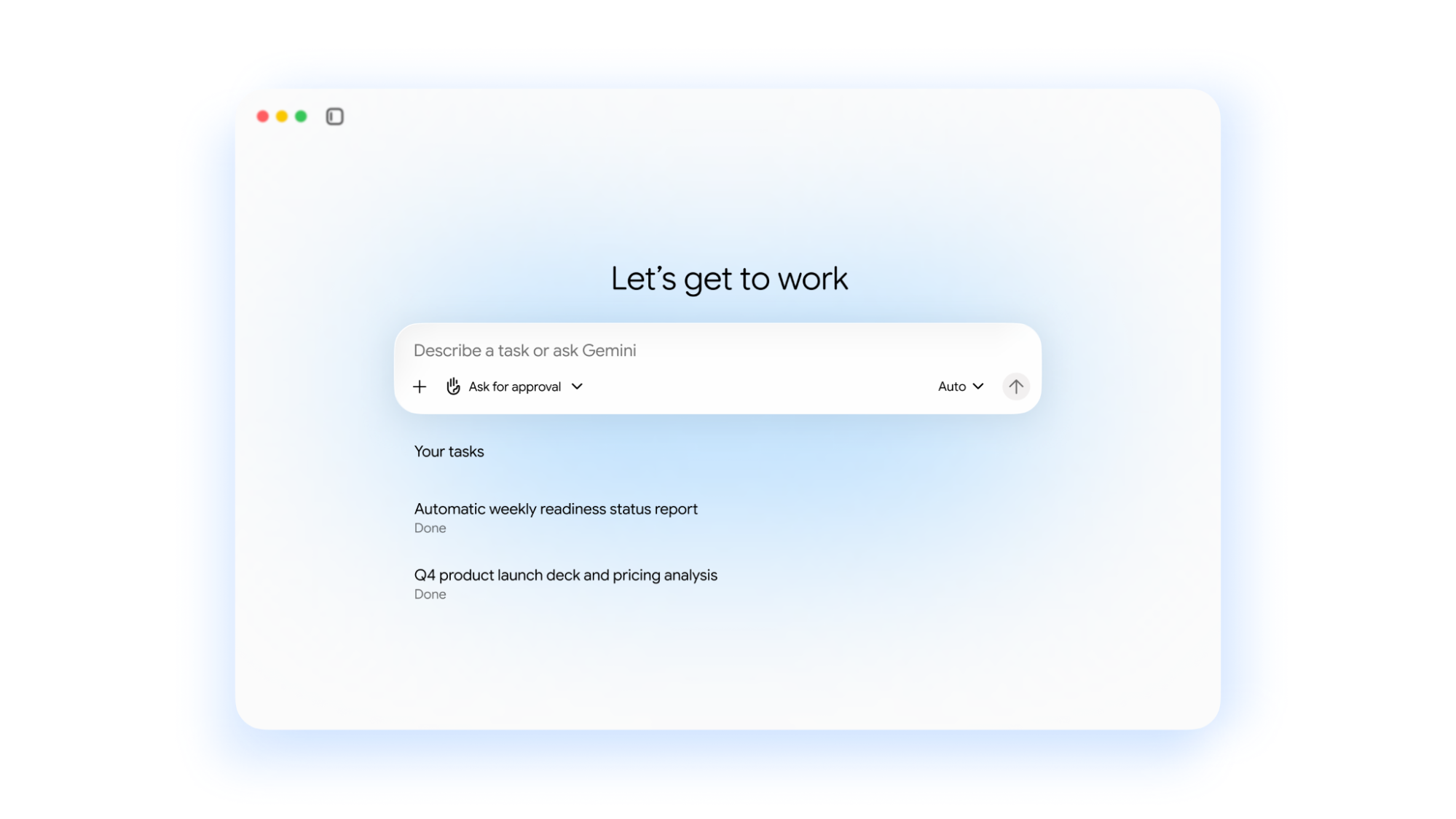 Gemini agent 官方界面：桌面端只有一个「Describe a task or ask Gemini」输入框，下方是「Your tasks」任务列表，已完成的任务排成一列