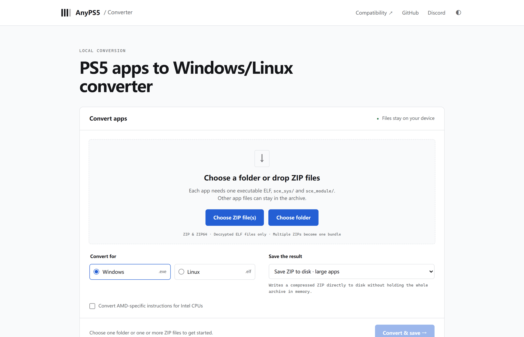 AnyPS5 官方转换器界面（本地转换）：拖入 ZIP 或选择文件夹，把 PS5 应用转成 Windows .exe 或 Linux .elf，文件不上传服务器
