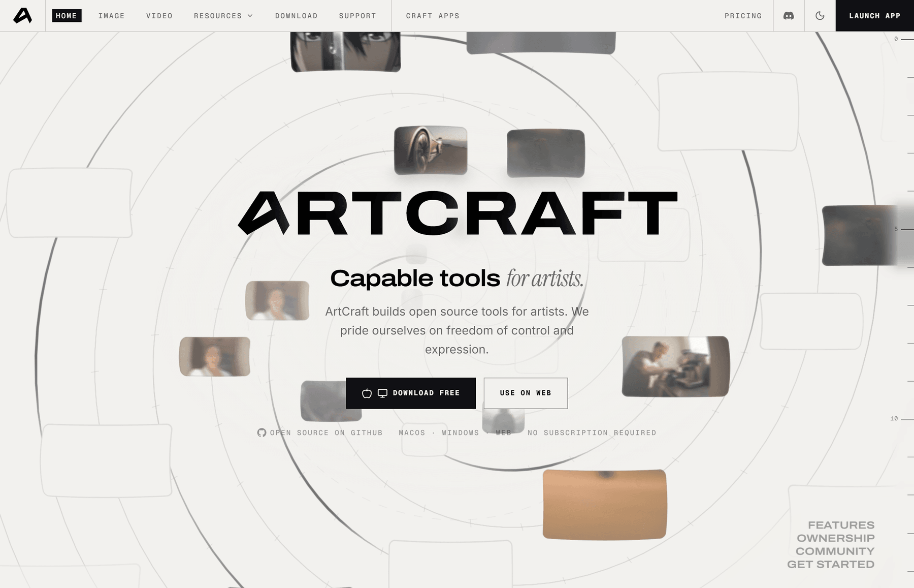 ArtCraft 官网首页：ART CRAFT — Capable tools for artists，页面标注开源在 GitHub、支持 macOS/Windows/Web、无需订阅