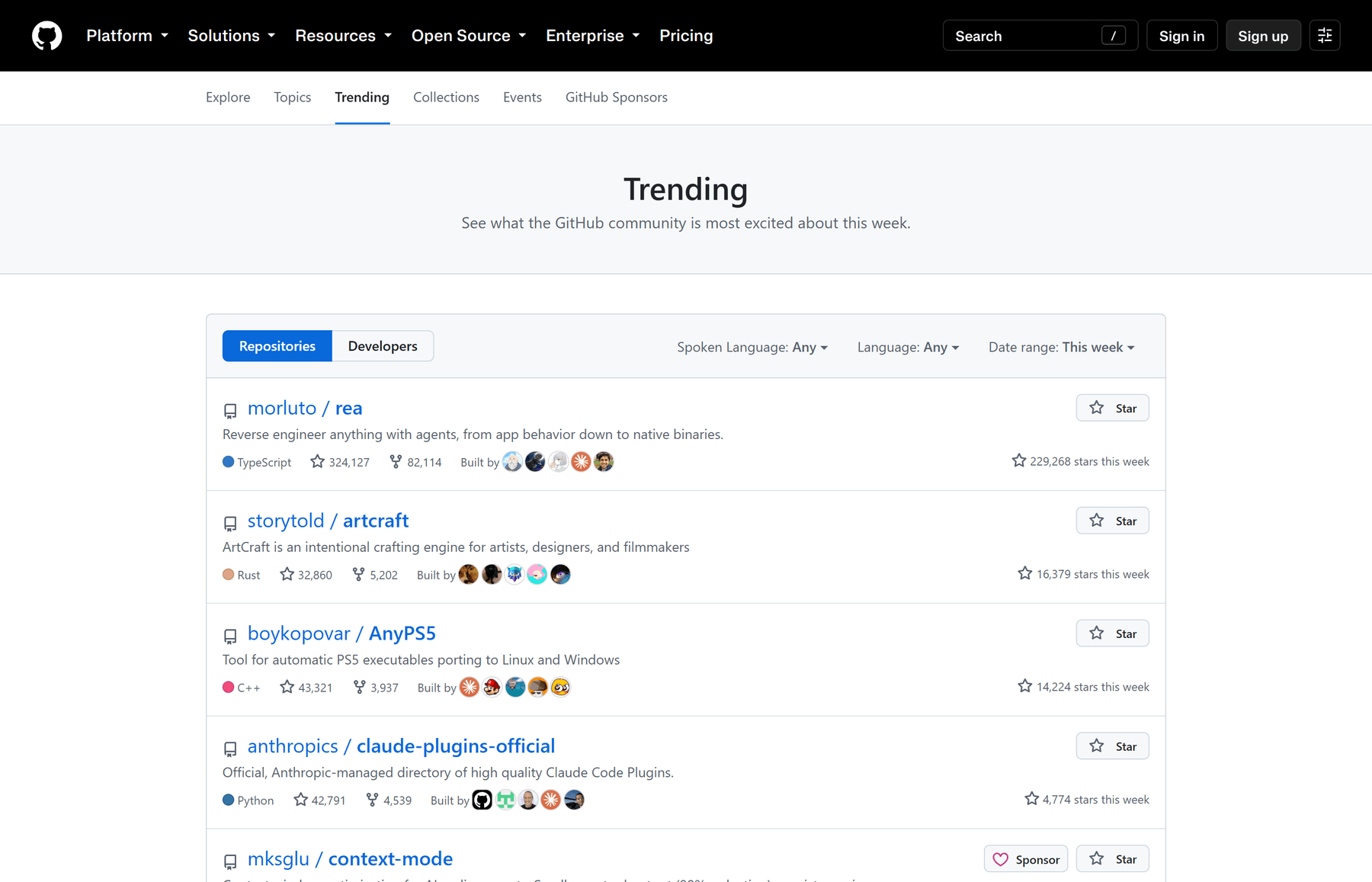 GitHub 官方 Trending 周榜页面：morluto/rea 以 229,268 stars this week 排第一，storytold/artcraft 16,379、boykopovar/AnyPS5 14,224、anthropics/claude-plugins-official 4,774 依次在列