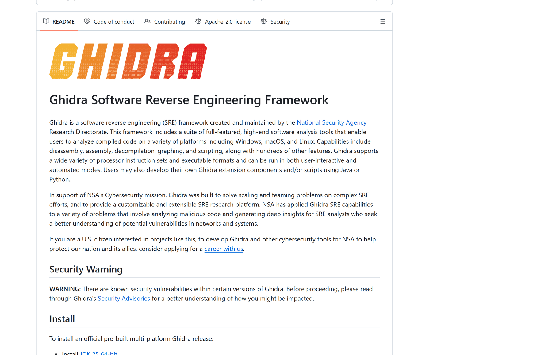NSA 的 Ghidra 仓库 README：GHIDRA 官方 logo，正文写明这是由美国国家安全局研究部门创建和维护的软件逆向工程框架，支持反汇编、反编译、图形化与脚本化