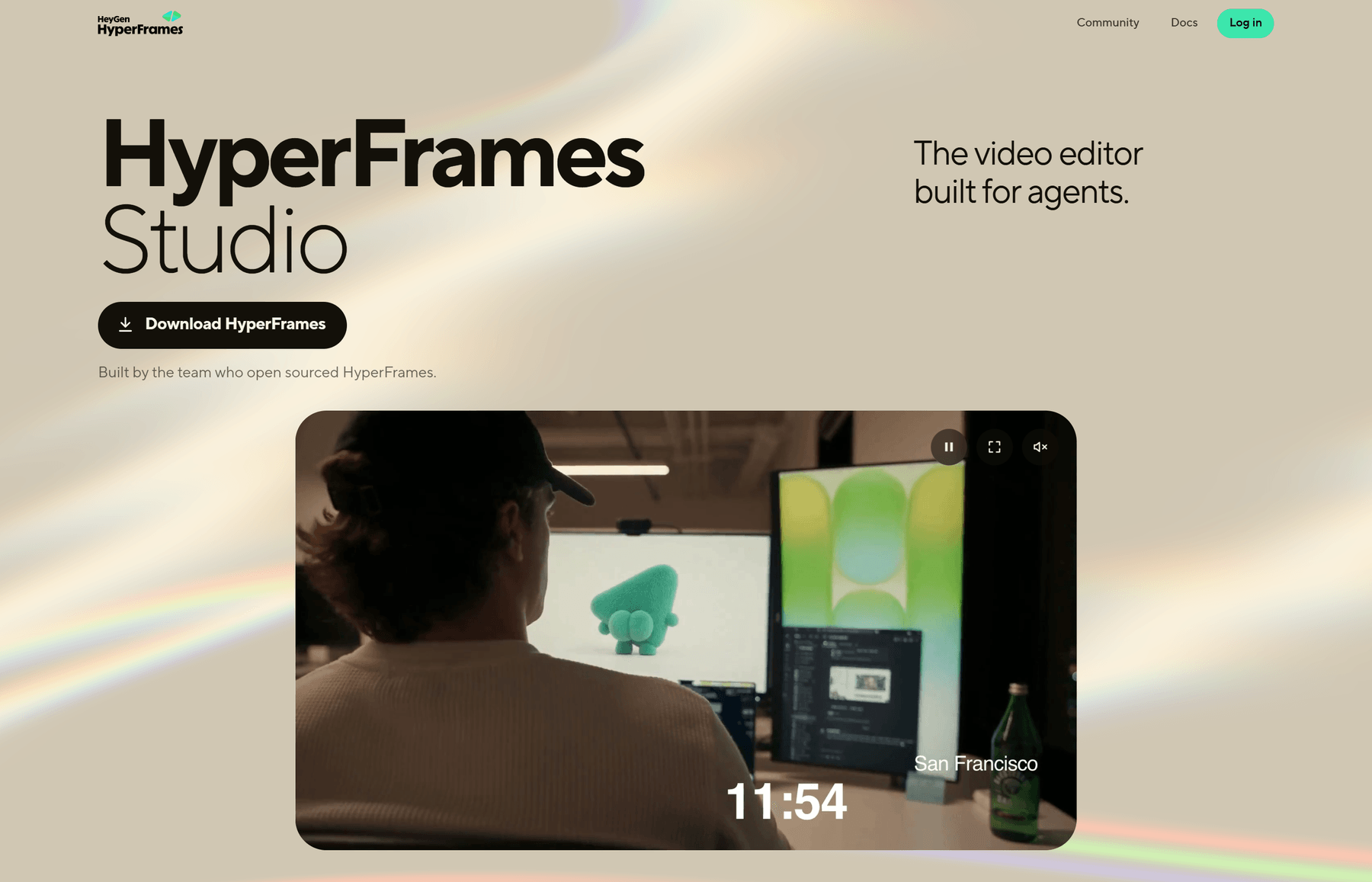 HyperFrames Studio 官网：The video editor built for agents，由开源 HyperFrames 的团队打造，提供 Download 与 Docs