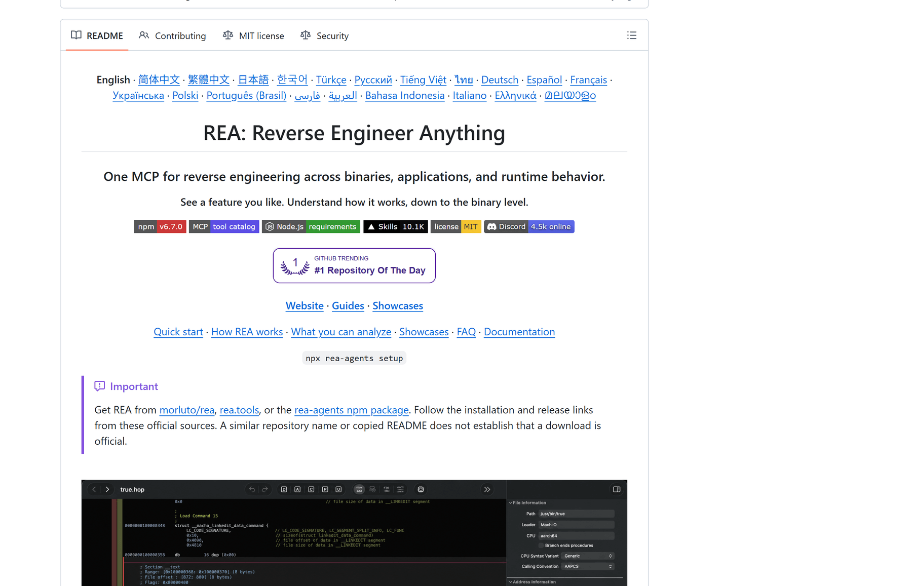 morluto/rea 的 README 顶部：GitHub Trending「#1 Repository Of The Day」徽章、npm v6.7.0、MCP tool catalog、Skills 10.1K、MIT 等真实徽章，下方直接给出 npx rea-agents setup 安装命令与反汇编界面