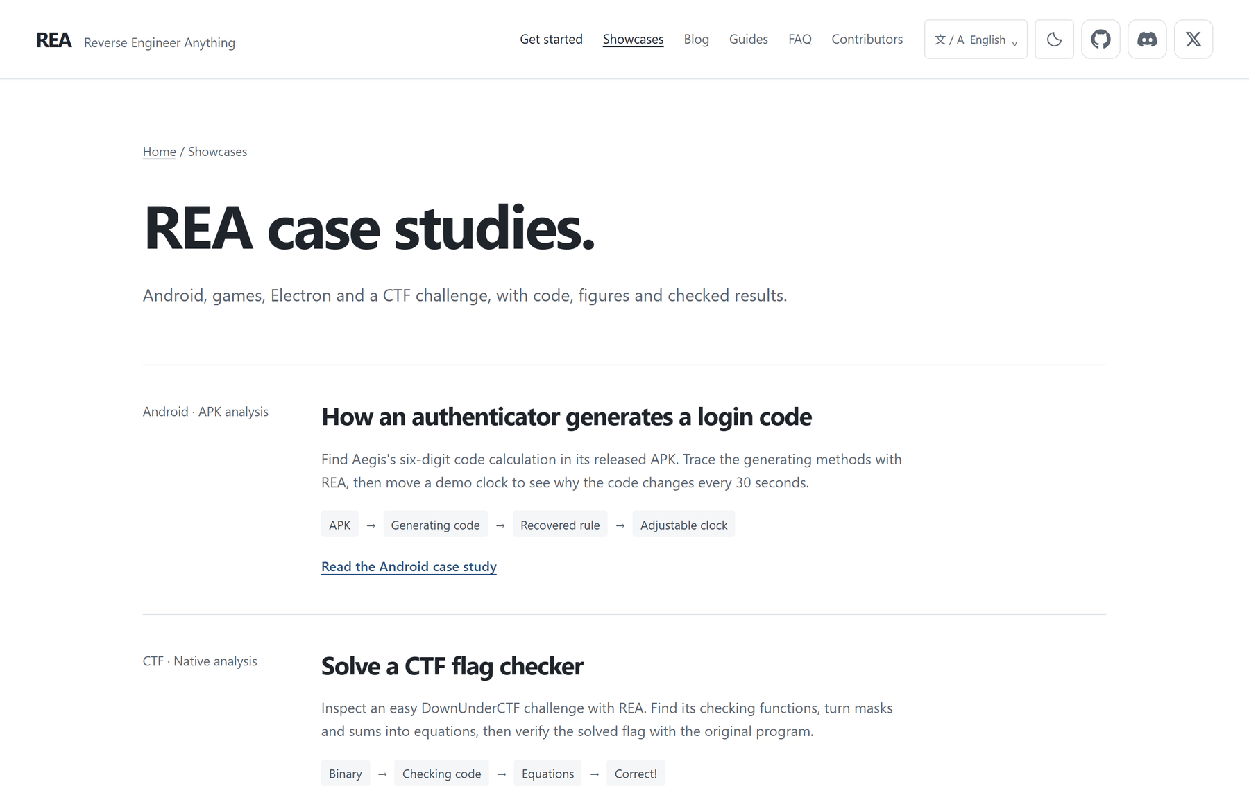 REA 官网的案例库页面：REA case studies —— 用 REA 分析 Android APK 里一次性验证码的生成逻辑、解 DownUnderCTF 的 flag checker，每条都附代码、图表和可复核的结果