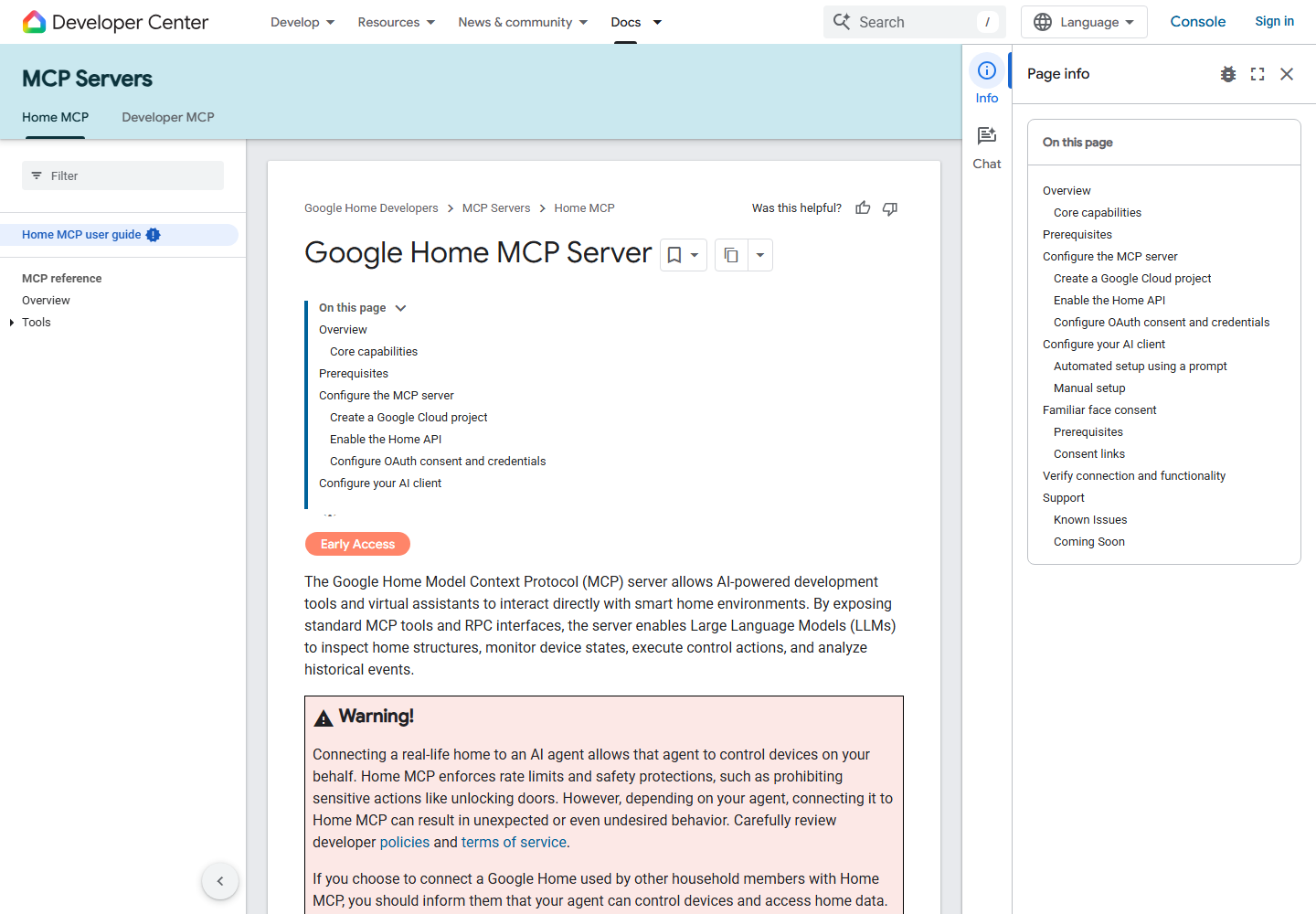 Google Home MCP 官方文档首页，带 Early Access 标记与安全警告（截图来源：developers.home.google.com/mcp/home，2026-09-16）