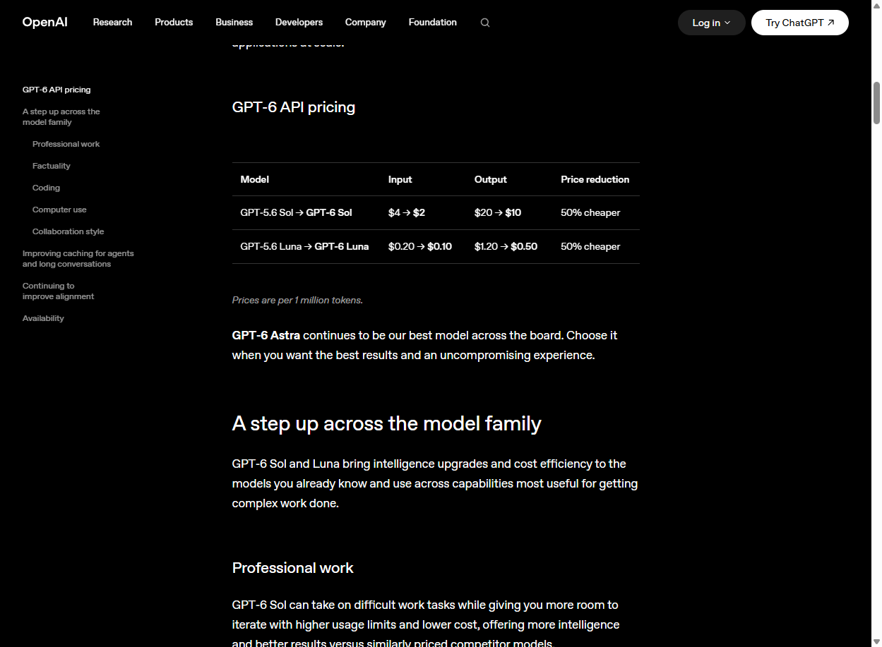 OpenAI 官方 GPT-6 定价表（页面截图）