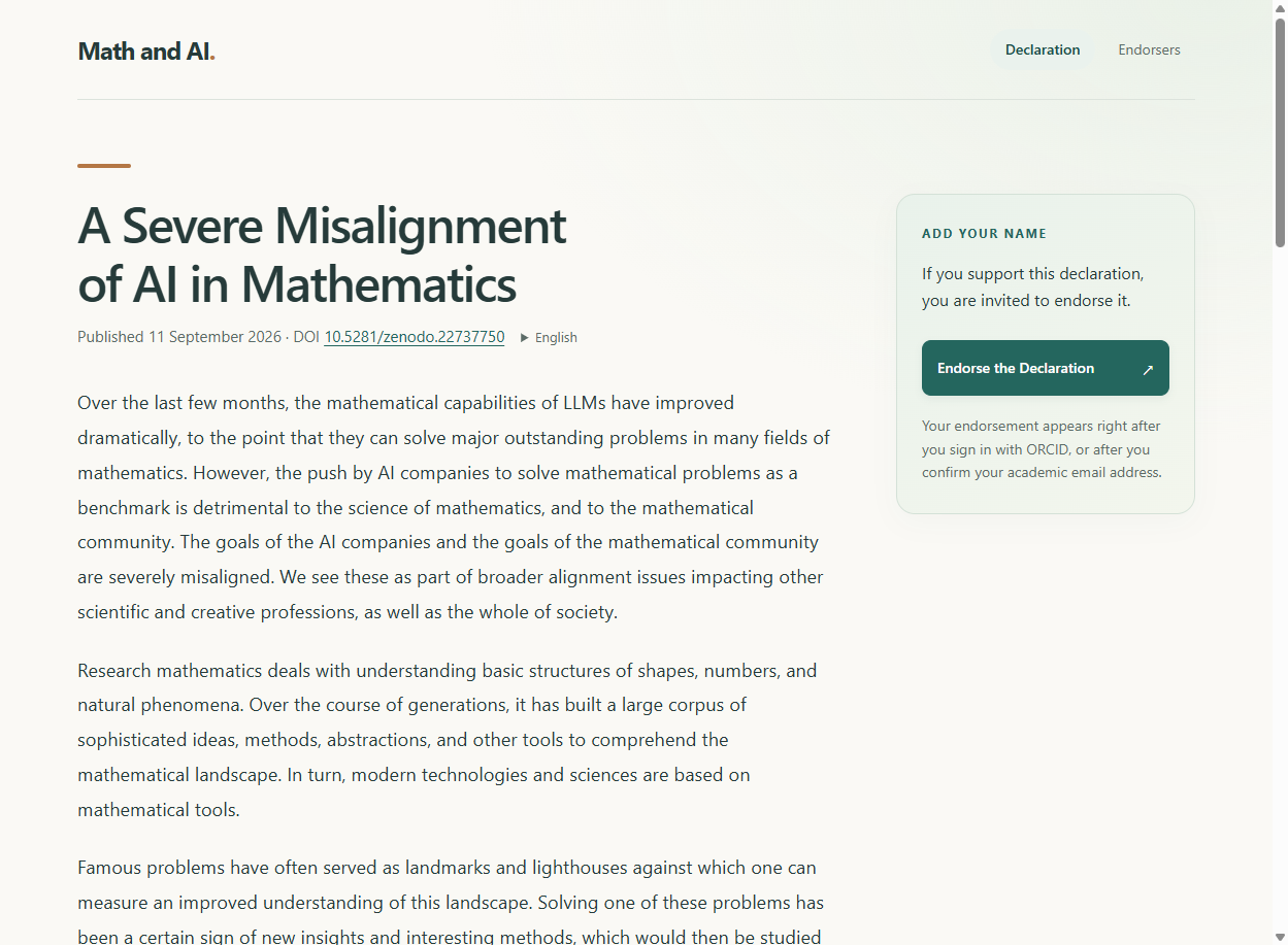 数学界公开声明《A Severe Misalignment of AI in Mathematics》（mathandai.org）