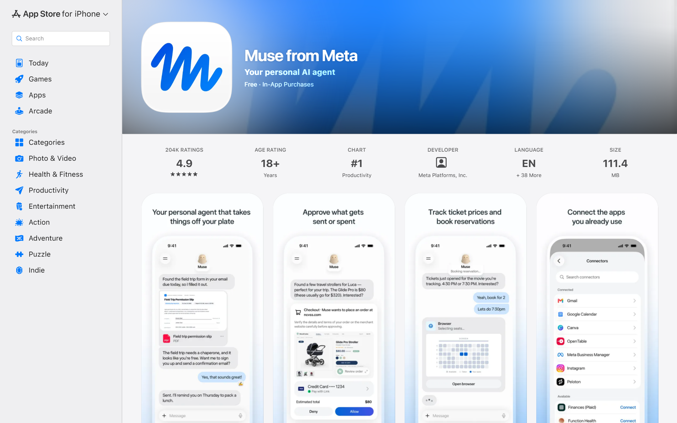 App Store 上「Muse from Meta」的公开数据：4.9 分、约 20.4 万个评分、生产力榜第 1