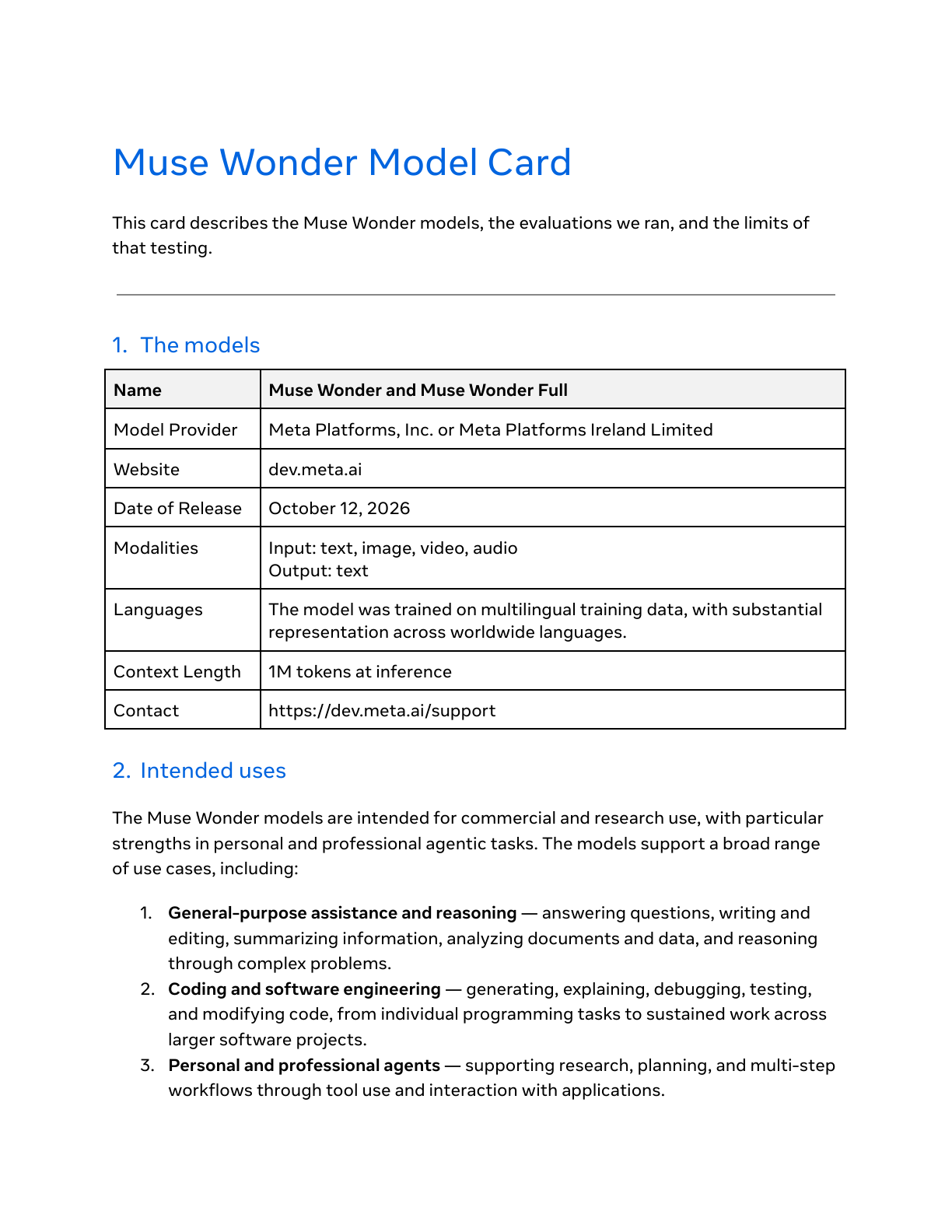 Muse Wonder Model Card 首页：发布日期、模态与上下文