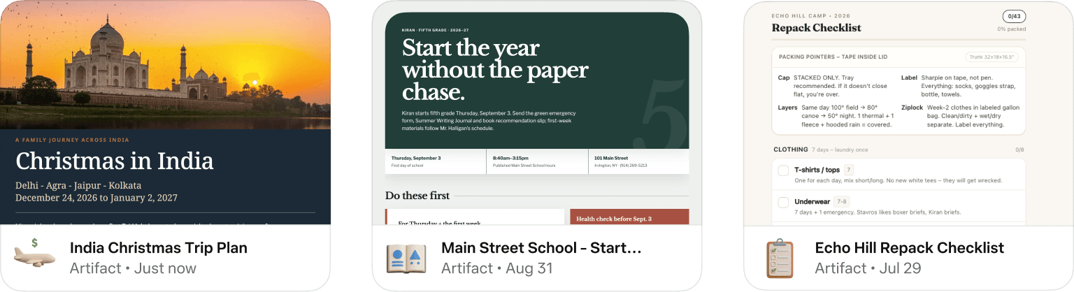 Muse 生成的 Artifacts 示例：追踪表、学习指南、看板这类可直接使用的成品