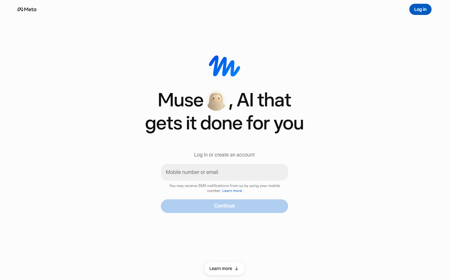 Muse 官网 muse.ai 的登录入口：用 Meta 账号或手机号/邮箱建号，网页端与 App 端同一账号