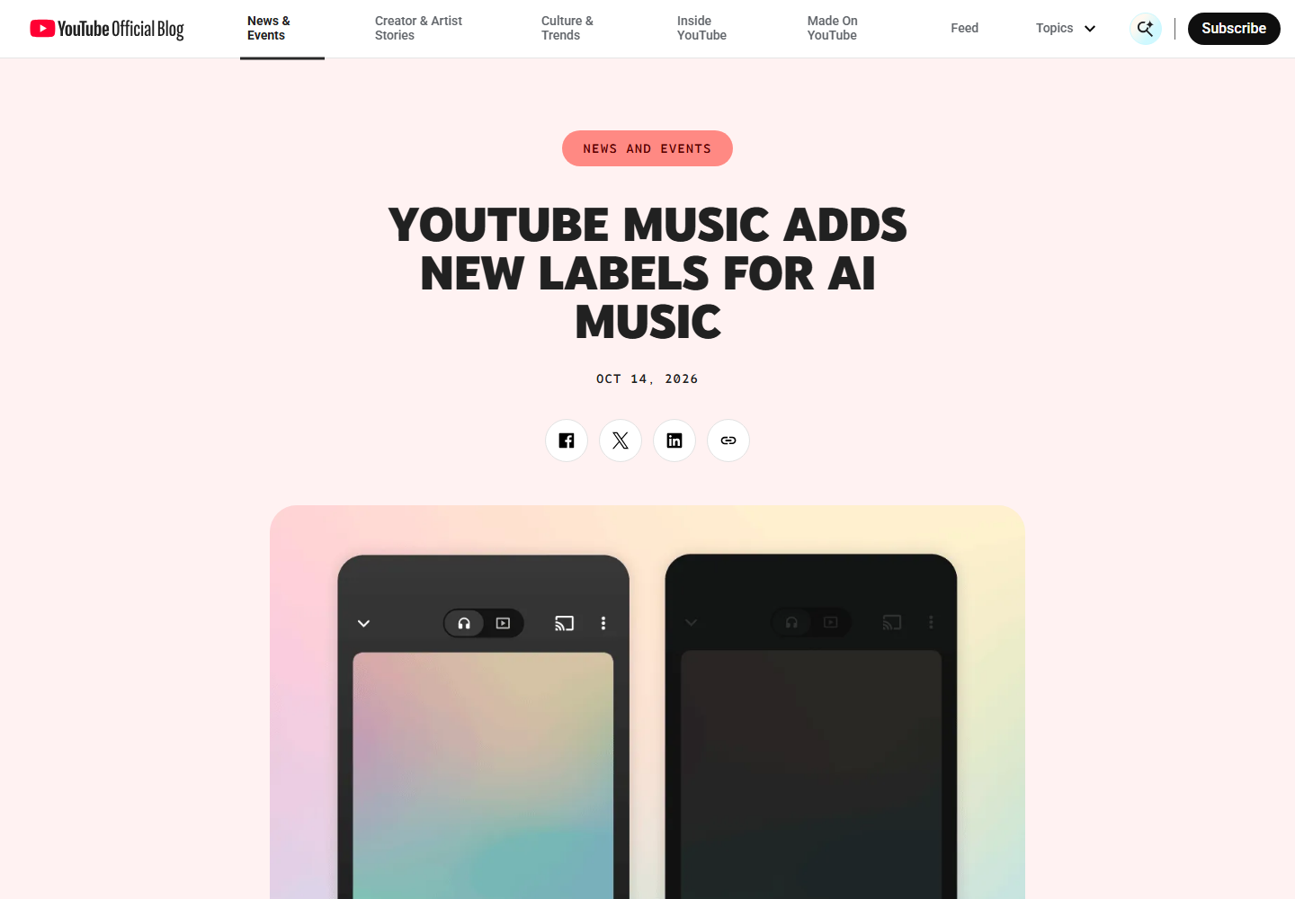 YouTube 官方博客宣布 YouTube Music 上线 AI 标签（2026-10-14）