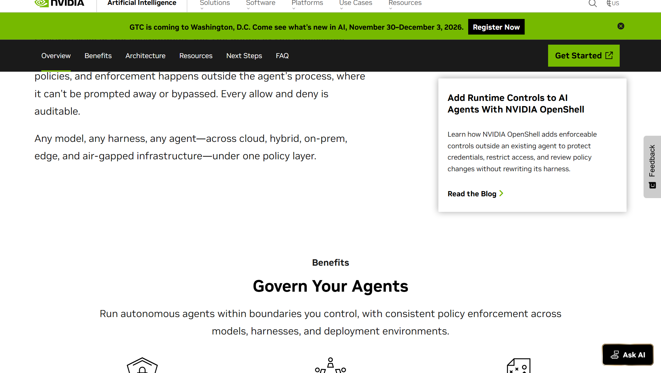NVIDIA OpenShell 产品页：安全策略在 agent 进程之外执行，不允许被「提示词掉」或绕过