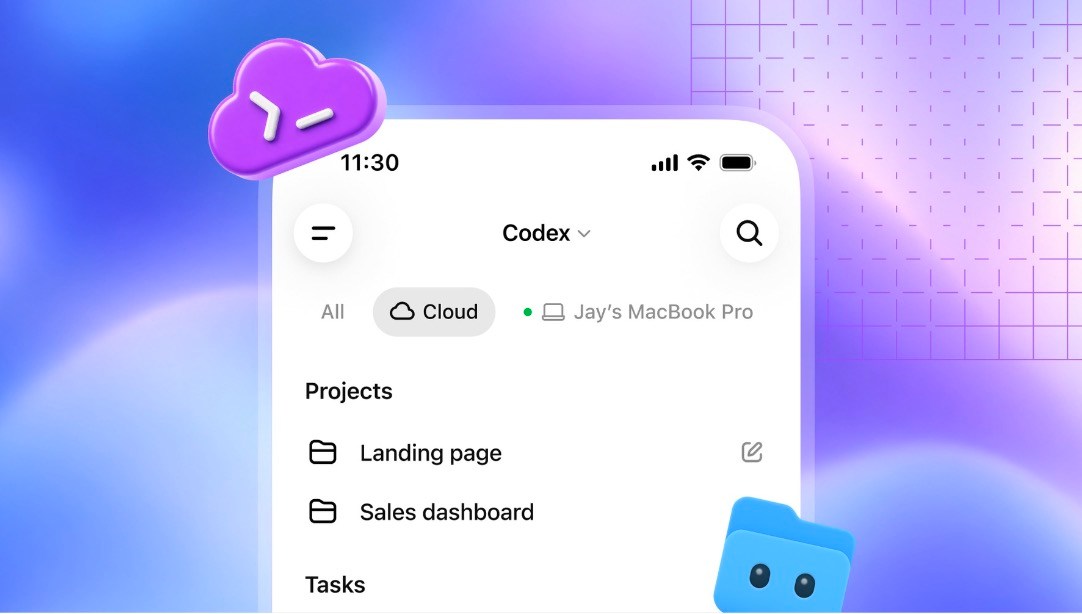 Codex 移动端：可以在 Cloud 与自己的 MacBook Pro 之间切换，项目和任务都在同一个列表里