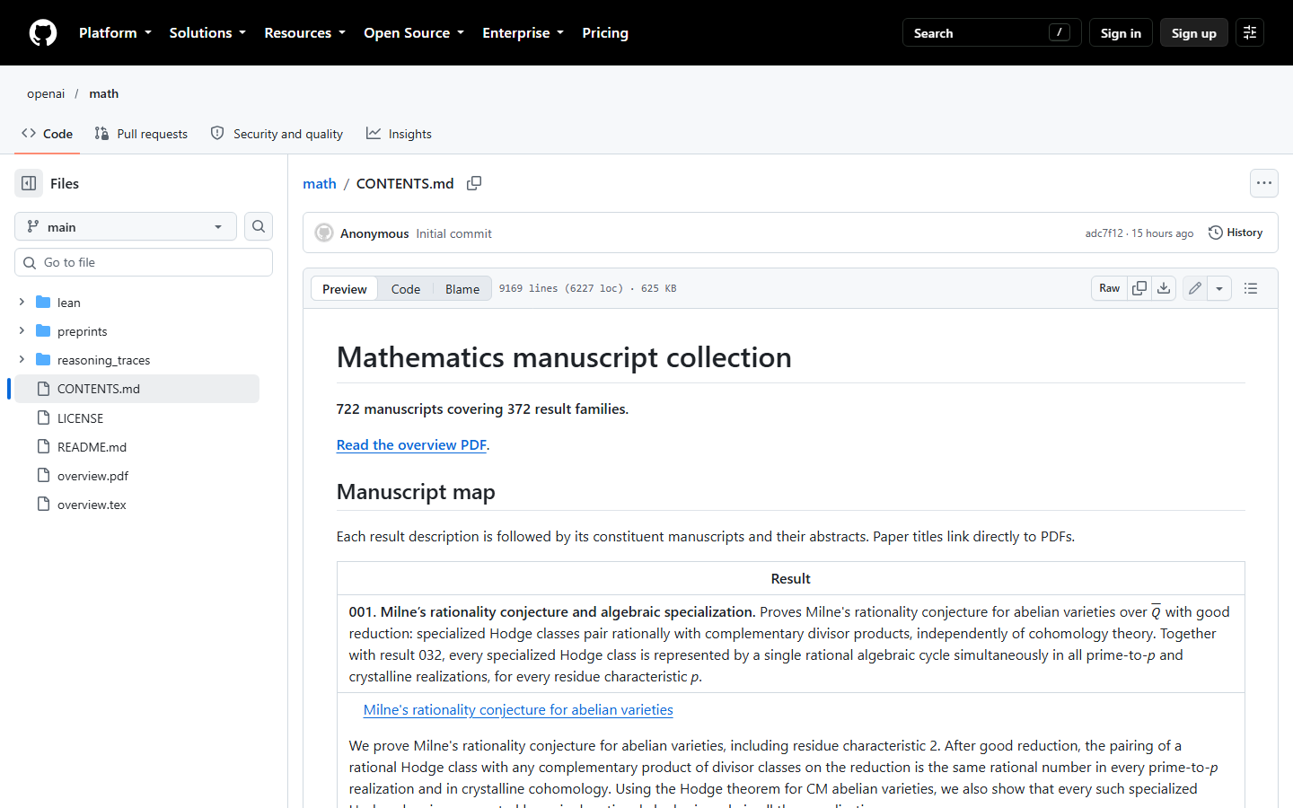 CONTENTS.md 正文：722 manuscripts covering 372 result families，每个结果下列出构成它的手稿与摘要