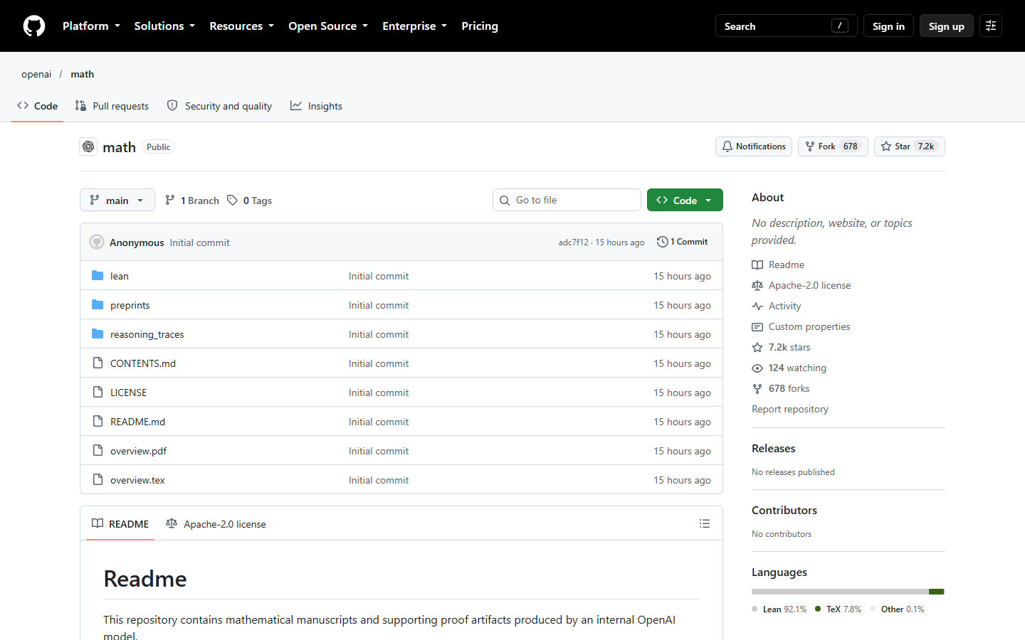 openai/math 仓库首页：Apache-2.0、单次 initial commit、lean / preprints / reasoning_traces 三个目录