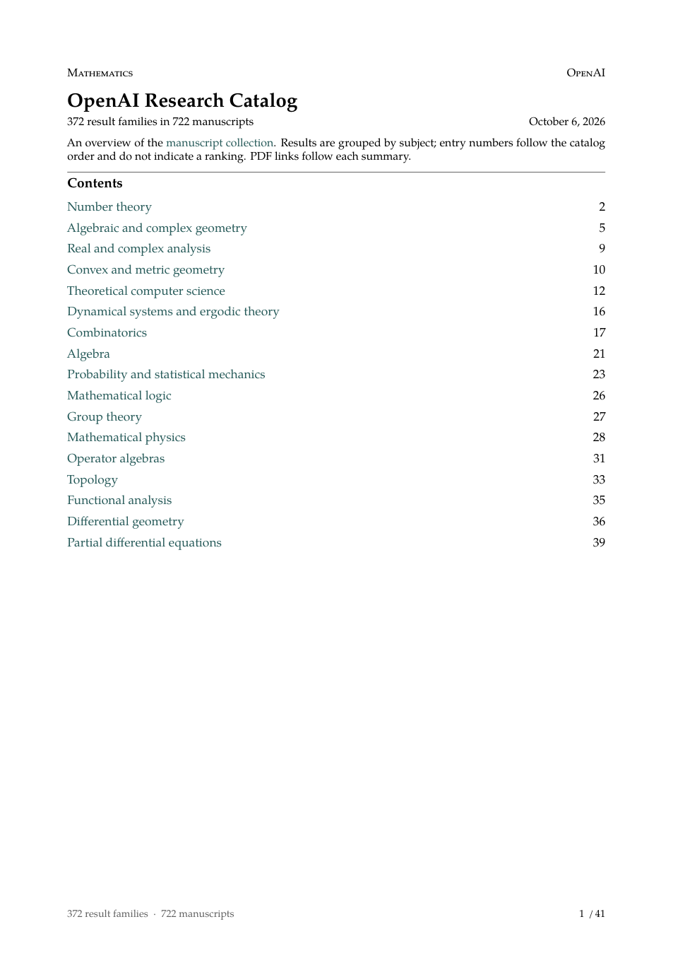 overview.pdf 第 1 页：OpenAI Research Catalog，372 个结果族分 722 篇手稿，按数学分支列出目录
