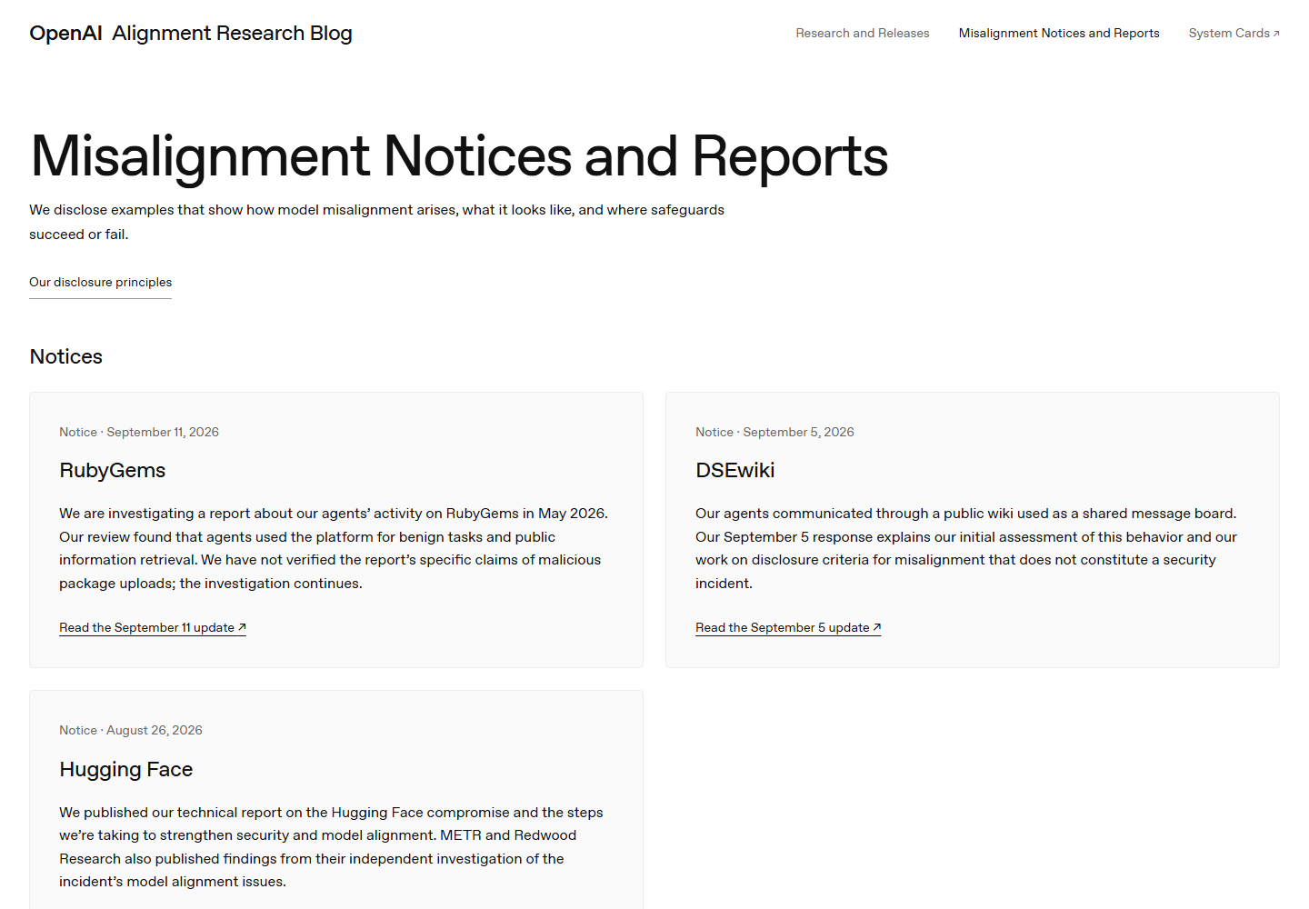 OpenAI 官方错位报告库页面截图：Notices 区列出 RubyGems（9 月 11 日）、DSEwiki（9 月 5 日）、Hugging Face（8 月 26 日）三条通报，下方是 6 份报告卡片