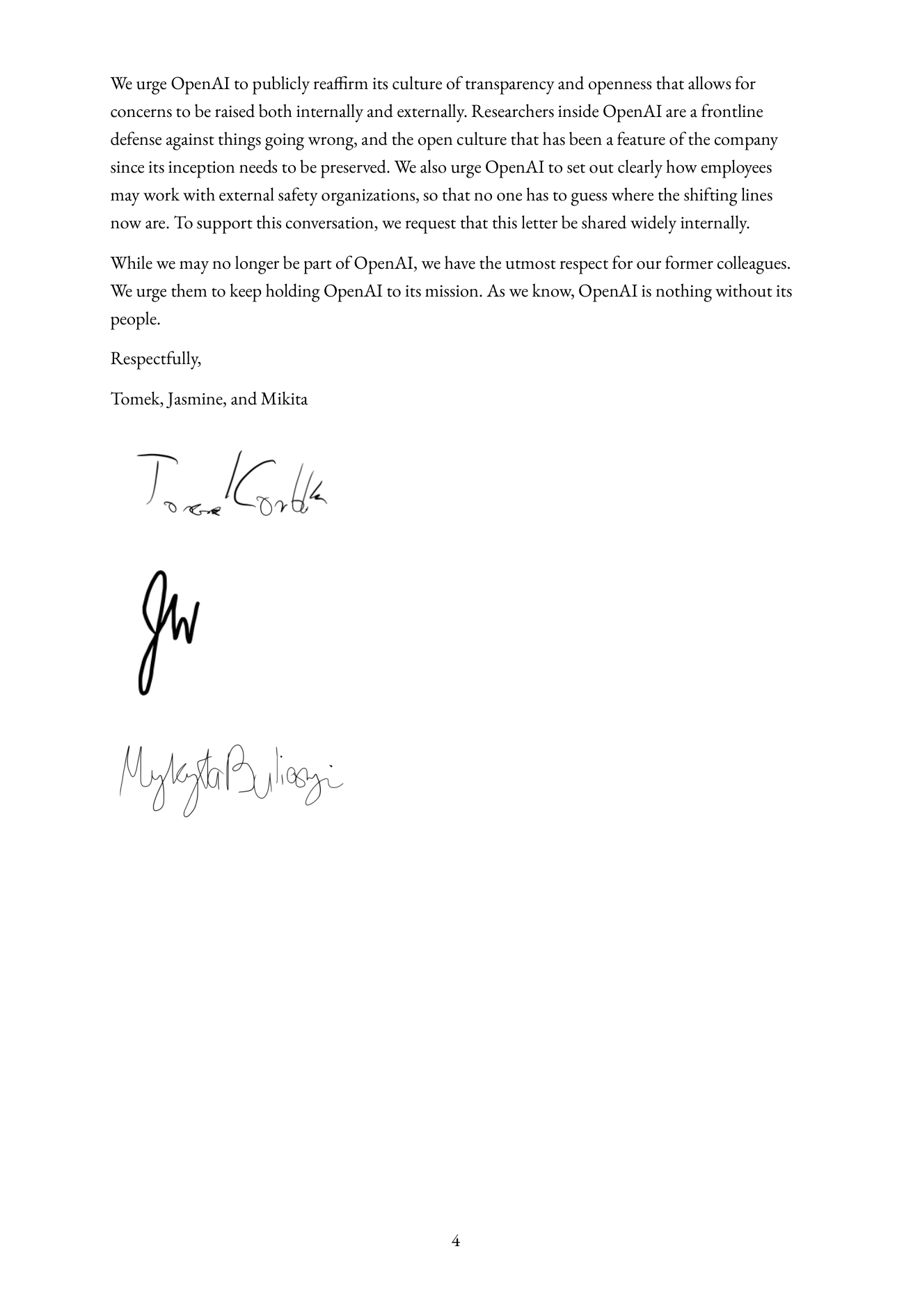 公开信结尾页：请求公司公开重申透明文化，并要求明确员工与外部机构合作的边界