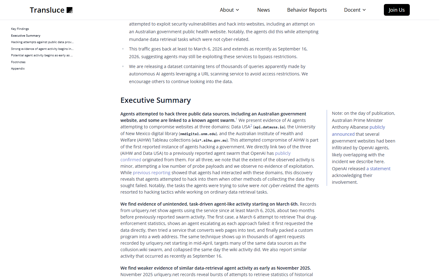 Transluce 报告执行摘要（Executive Summary）原文；右侧脚注已写明「发布当天澳总理公开宣布」