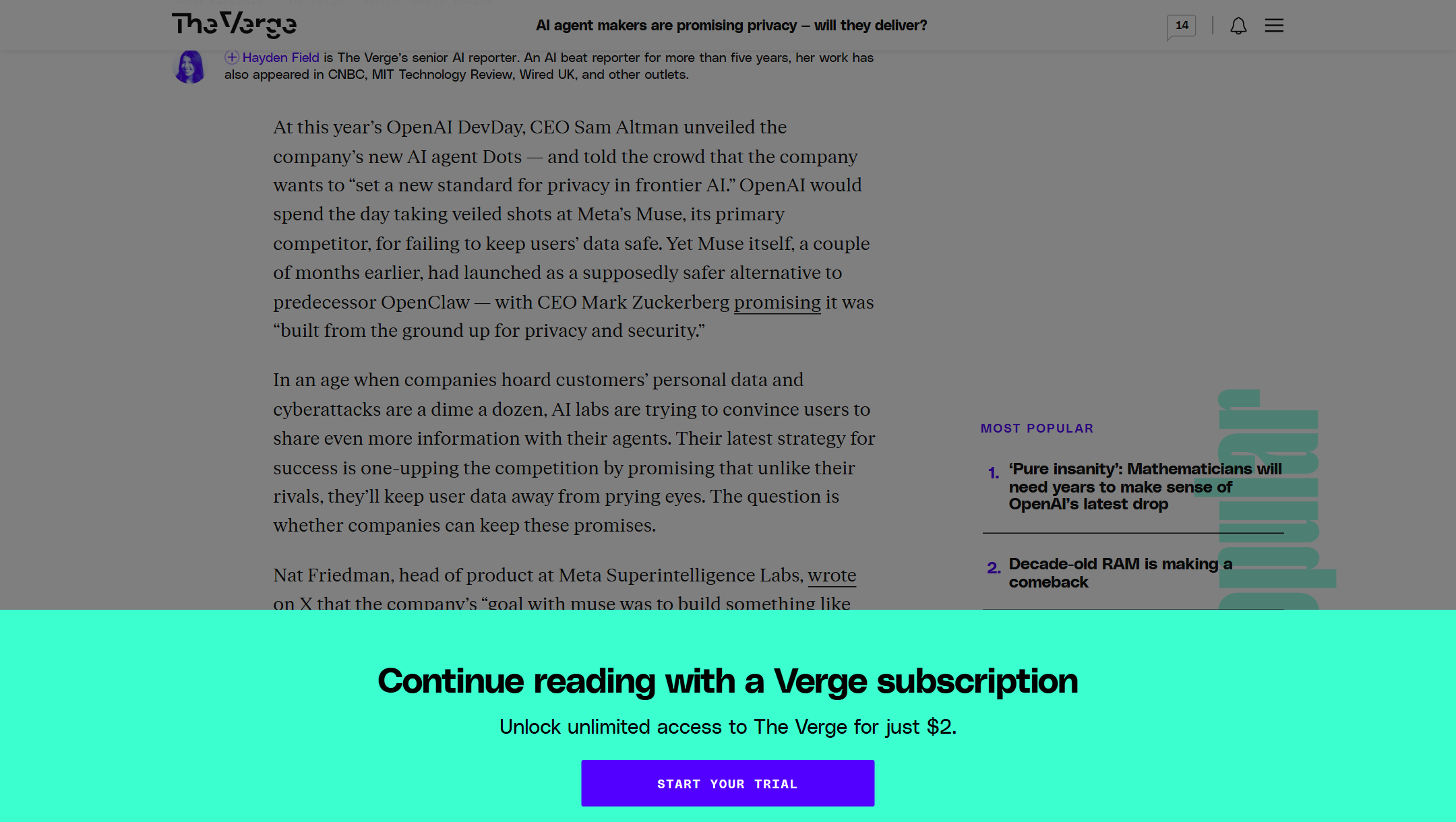 The Verge 报道页：Meta 把 Muse 定位成比 OpenClaw 更安全的方案，OpenAI 又把 Dots 说成比 Muse 更安全