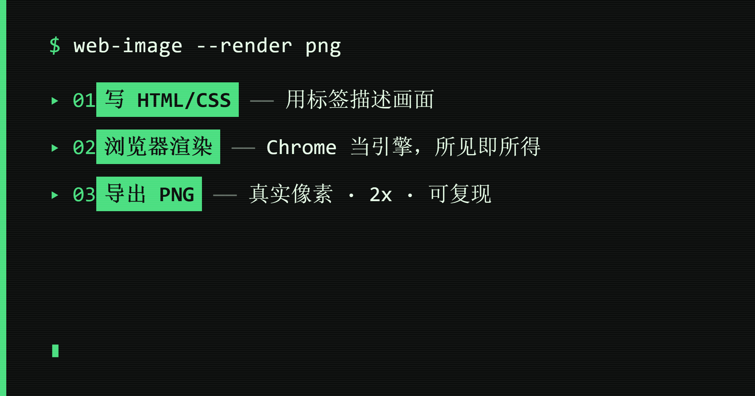 web-image 工作原理：写 HTML/CSS、浏览器渲染、导出 PNG